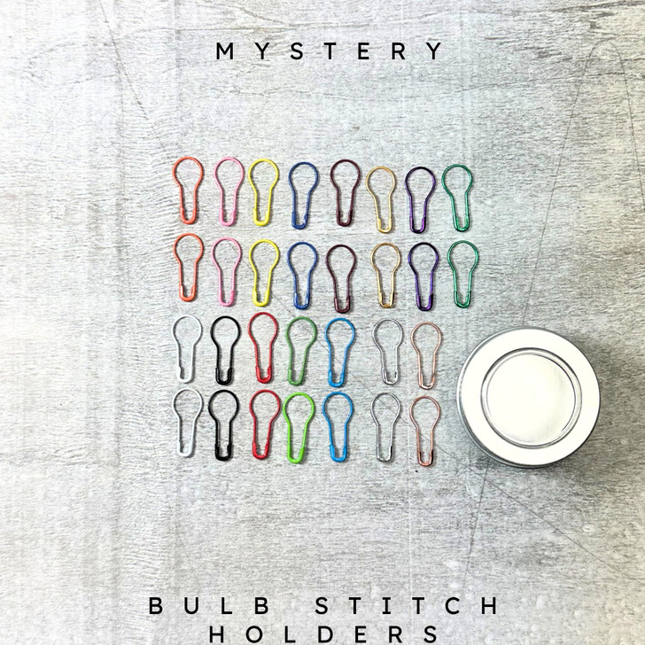 30 x MYSTERY Multi Colour Coil less French Bulb Safety Knitters Pins Stitch Markers & tin
