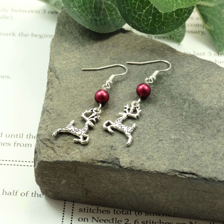Reindeer Deep Red/Pink Matt Pearl Silver Earrings | UK Made