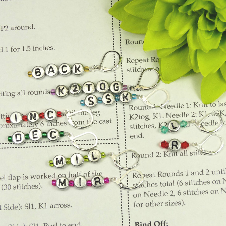 Brights - Instructional Knitting Abbreviation Stitch Markers - Black on Silver - Choose rings or clasps |k2tog ssk inc dec