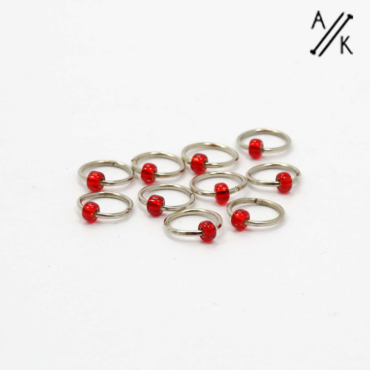 Really Red Jewel Rings Lace Stitch Markers x 10 (Tiny Bead)