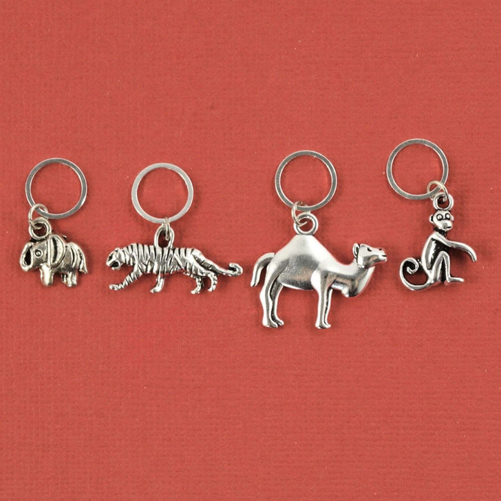 Silver Tiger, Elephant, Camel, Monkey Crochet Knitting Stitch Markers - Set of 5