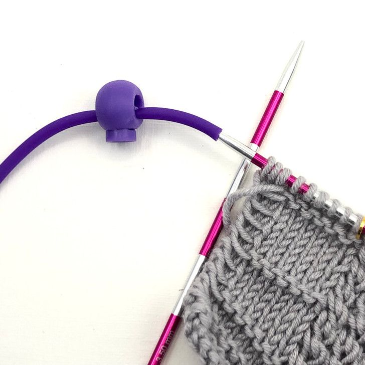Stitch Keeper Holder Cord 150cm Purple Cord and Tin with 2 Knitting Stitch LOCKERS - to fit needles 3 - 7mm