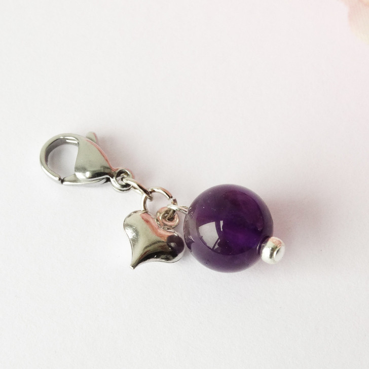 Amethyst Gemstone & Silver Heart Progress Marker Clip-On Bag Charm with lobster clasp attachment.