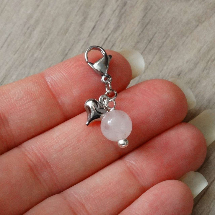 Rose Quartz Gemstone & Silver Heart Progress marker Clip On Bag Charm