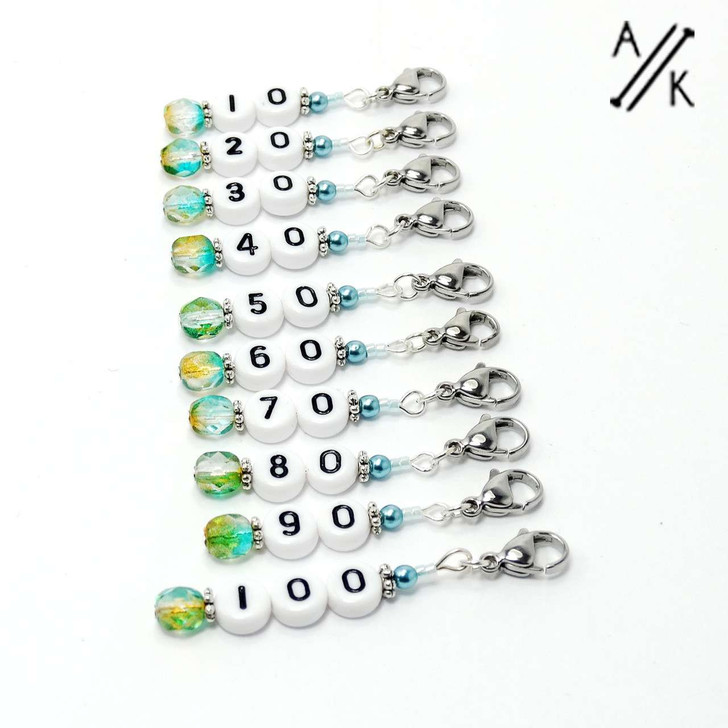 NEW! Cerulean Pearl Numbered Counting Stitch Markers 10-100 (set of 10)
