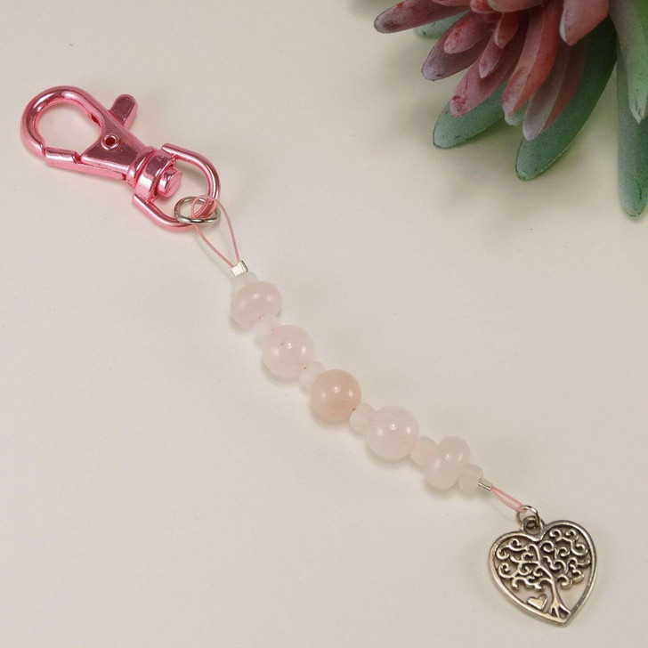 NEW! Rose Quartz Gemstone & Tree Heart Charm Clip On Bag Charm
