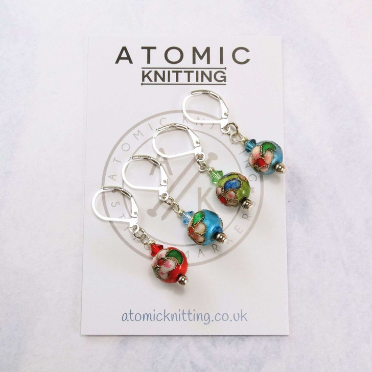 Cloisonne and Crystal - Red, Aqua, Green, Blue - Crochet Knitting Stitch Marker Set - MYM Set of 4
