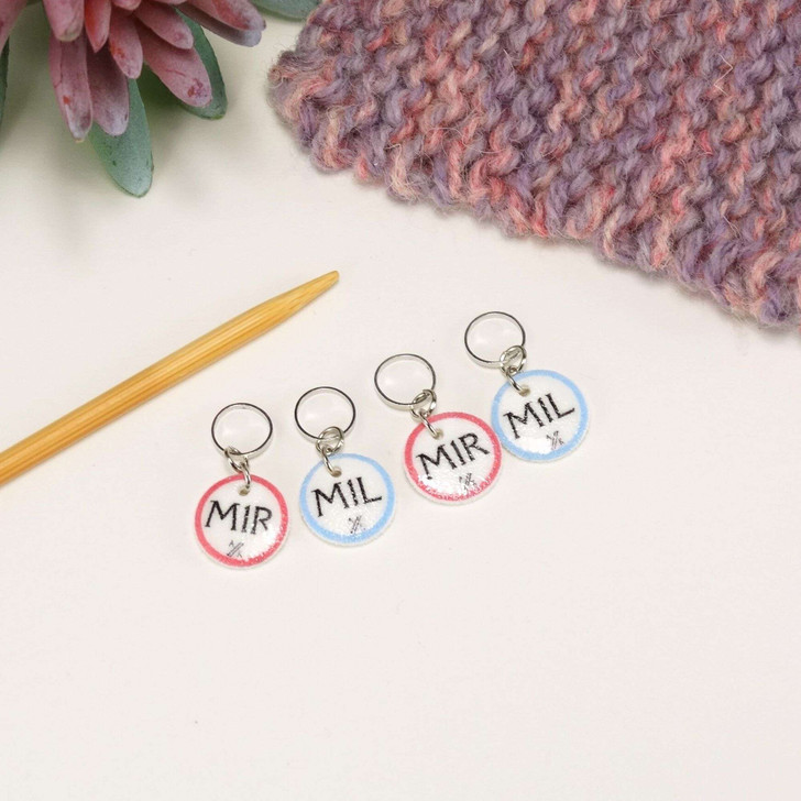 M1L M1R Make One Left/Right - Set of 4 - knitting stitch marker discs with CHOICE of Rings, Clasps, Removable Latchback | Make Your Mark