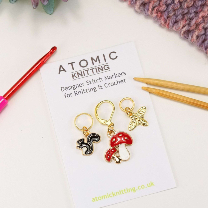 NEW! Squirrel, Toadstool, Bee Set of Crochet Knitting Stitch Marker Set - MYM Set of 3 | Atomic Knitting