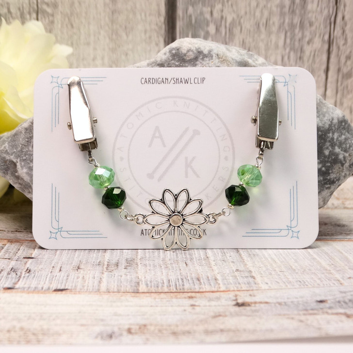 Green Duo Crystal & Deco Flower Cardigan Shawl Clip Pin Fastener