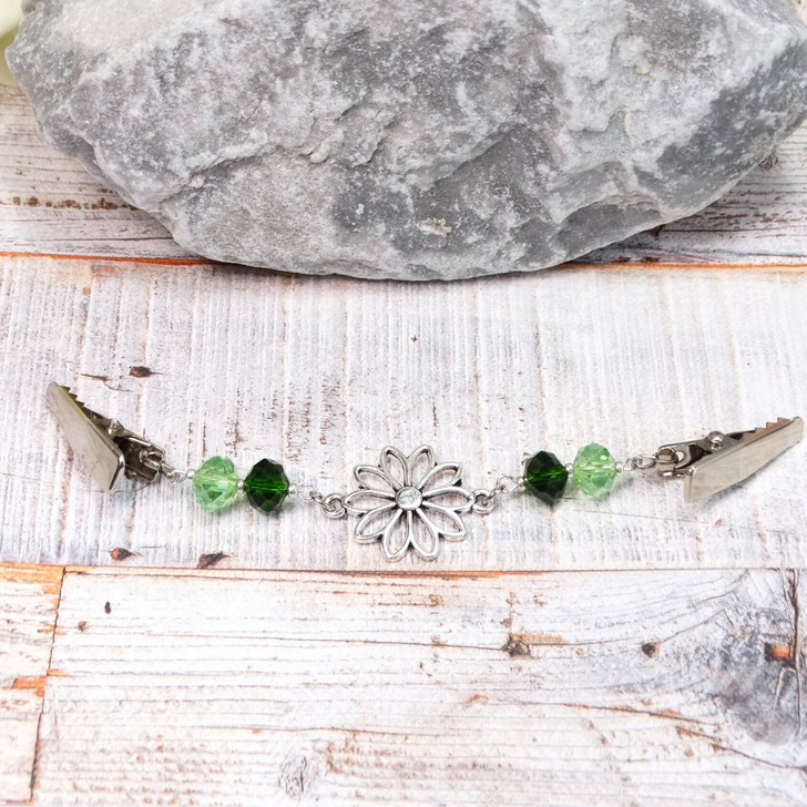 Green Duo Crystal & Deco Flower Cardigan Shawl Clip Pin Fastener