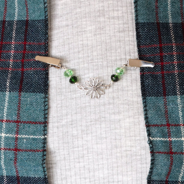 Green Duo Crystal & Deco Flower Cardigan Shawl Clip Pin Fastener