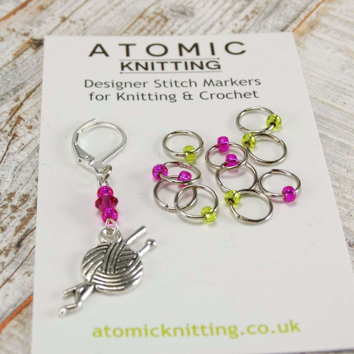 New! Pink & Lime Dual Increase & Decrease Stitch Markers with Clip On Removable Progress Marker - Set of 11