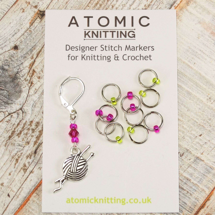 New! Pink & Lime Dual Increase & Decrease Stitch Markers with Clip On Removable Progress Marker - Set of 11