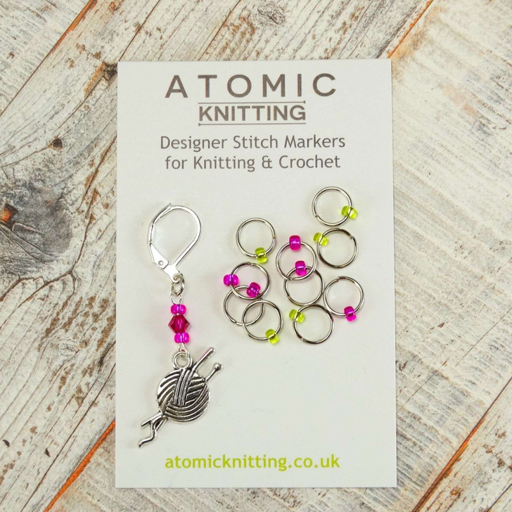 New! Pink & Lime Dual Increase & Decrease Stitch Markers with Clip On Removable Progress Marker - Set of 11