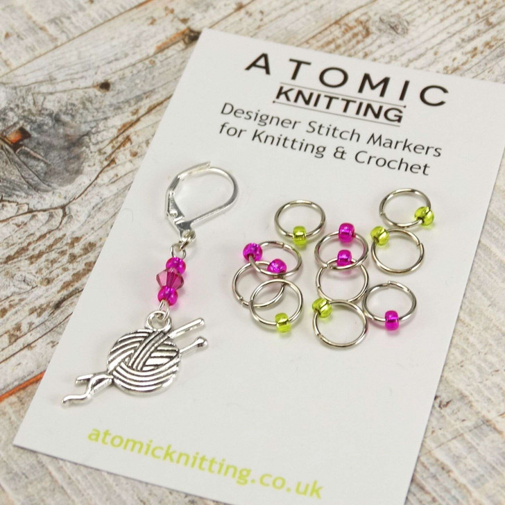 New! Pink & Lime Dual Increase & Decrease Stitch Markers with Clip On Removable Progress Marker - Set of 11