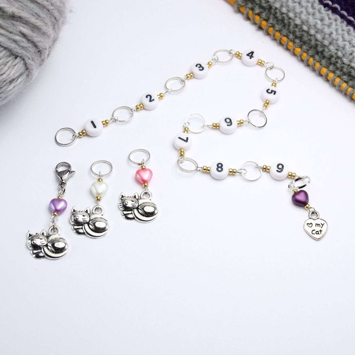 NEW! Row Counter - Love My Cat Numbered 99 Chain Row Counter for Knitting Plus 2 Stitch Markers - SIZE 4mm OR 7mm
