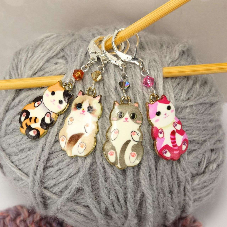 Enamel Cat Stitch Marker Set of 4 with crystal beads - Knitting Or Crochet Options Available - MYM set of 4