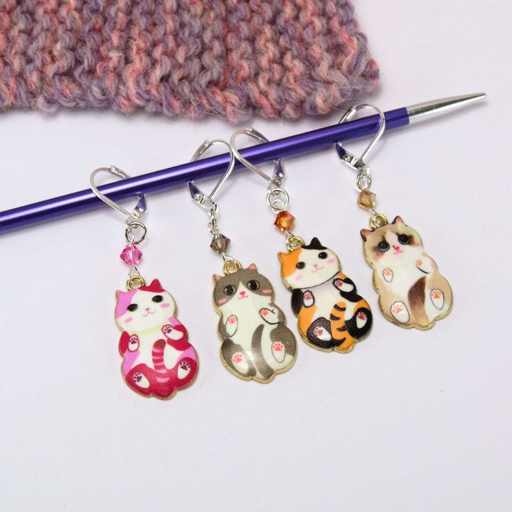 Enamel Cat Stitch Marker Set of 4 with crystal beads - Knitting Or Crochet Options Available - MYM set of 4