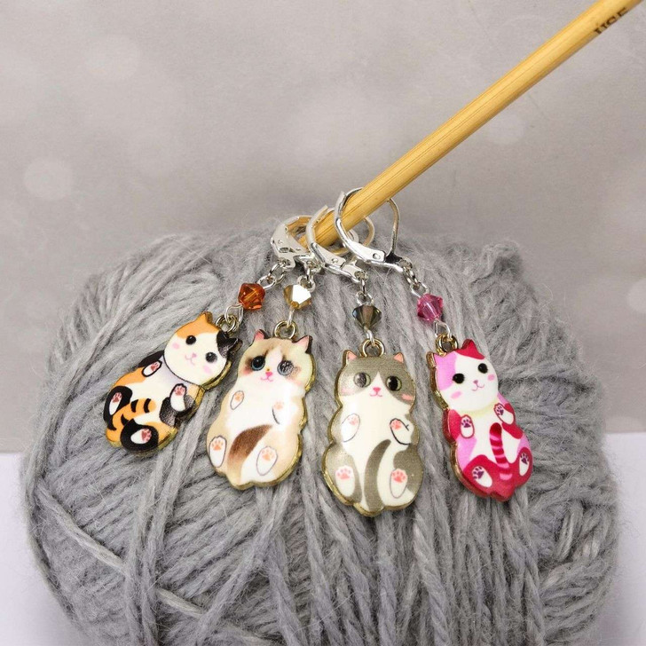 Enamel Cat Stitch Marker Set of 4 with crystal beads - Knitting Or Crochet Options Available - MYM set of 4