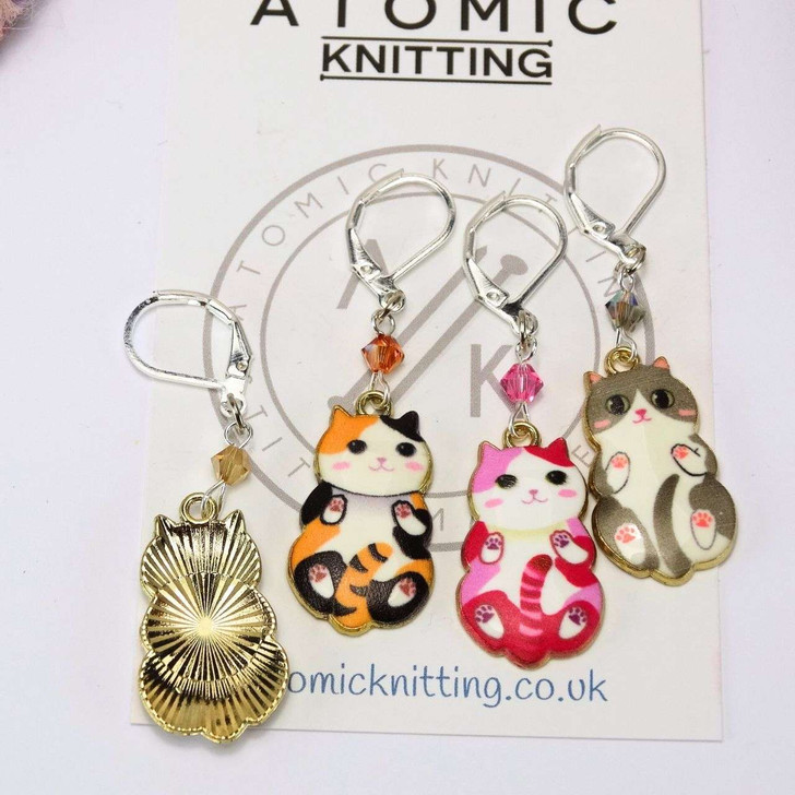 Enamel Cat Stitch Marker Set of 4 with crystal beads - Knitting Or Crochet Options Available - MYM set of 4