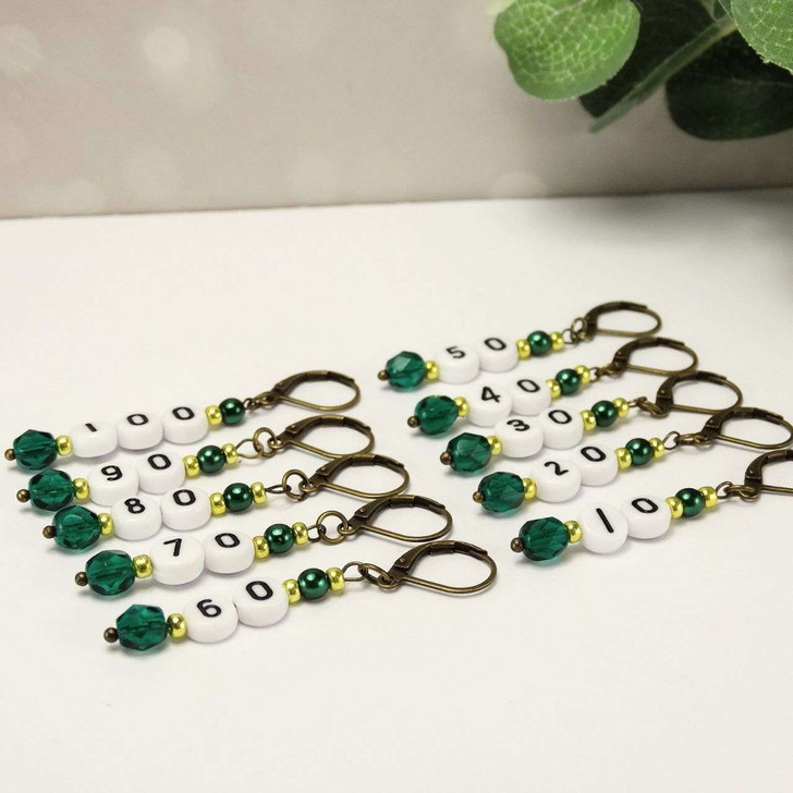 NEW! Emerald & Pearl Numbered Counting Stitch Markers 10-100 (set of 10)