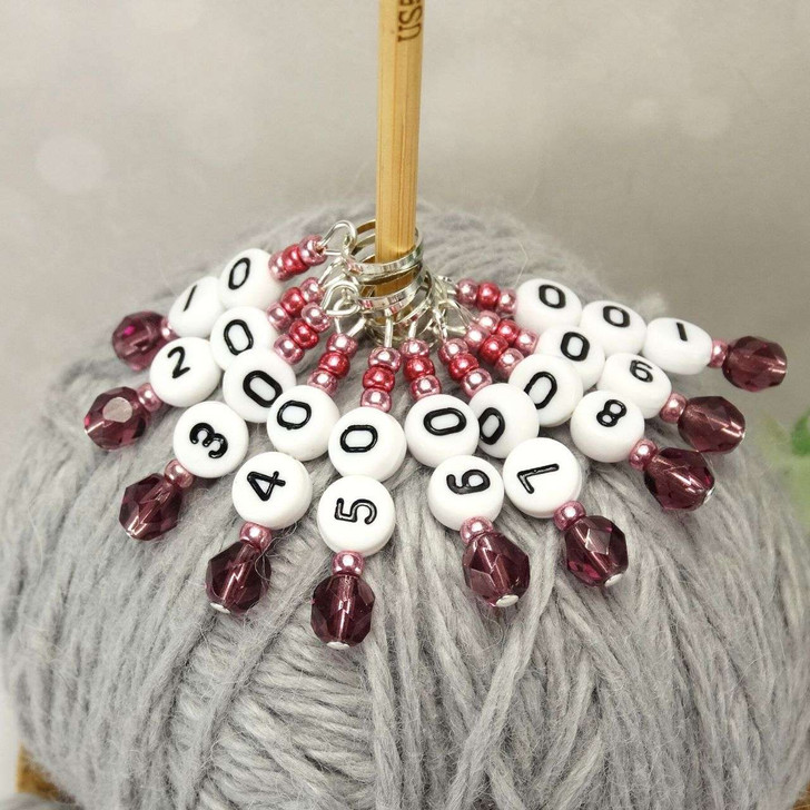 NEW! Light Purple & Pearl Numbered Counting Stitch Markers 10-100 (set of 10)