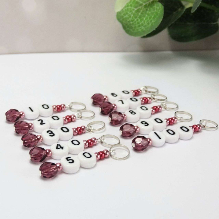 NEW! Light Purple & Pearl Numbered Counting Stitch Markers 10-100 (set of 10)
