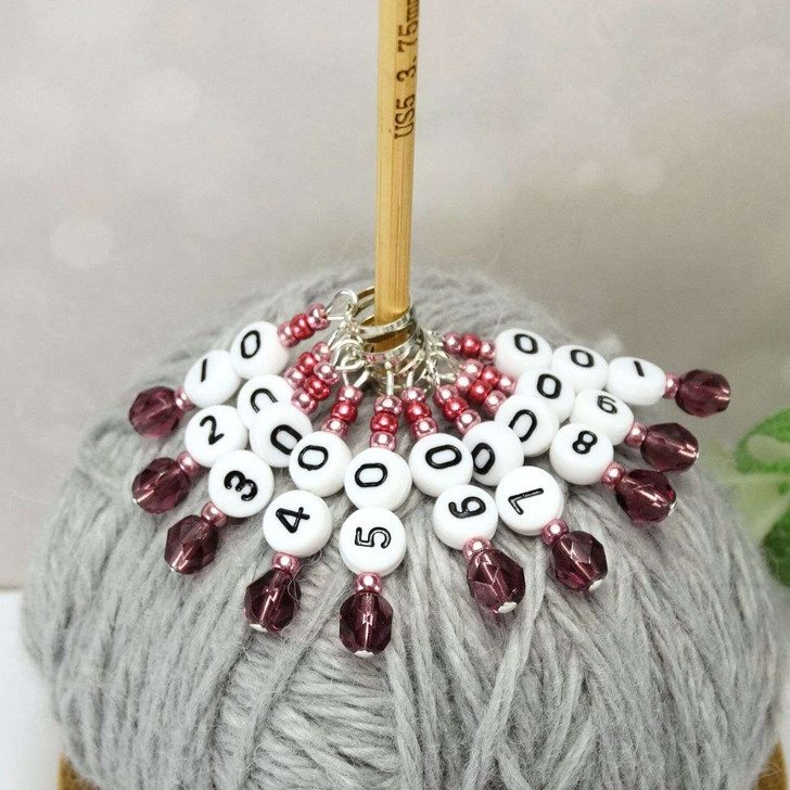 NEW! Light Purple & Pearl Numbered Counting Stitch Markers 10-100 (set of 10)