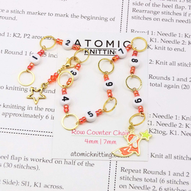 NEW! Row Counter Chain - Bright Orange Fox & Star - Numbered Knitting Chain Row Counter - SIZE 4mm OR 7mm | Limited Edition