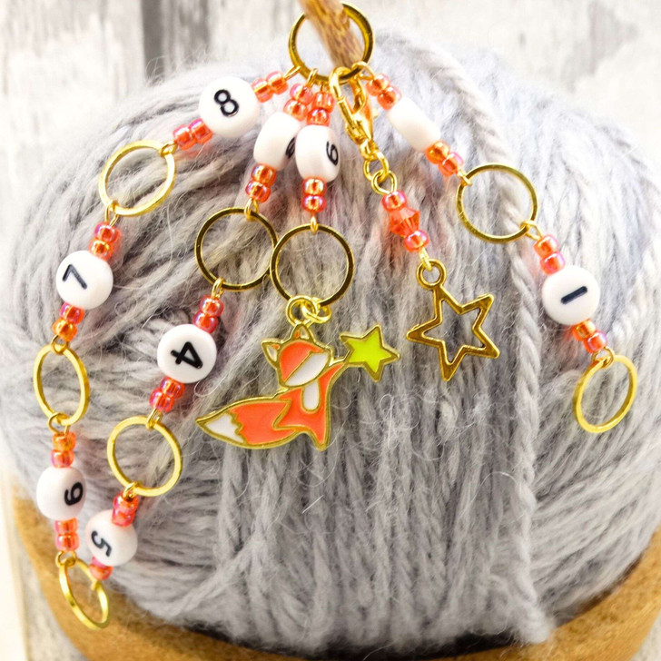 NEW! Row Counter Chain - Bright Orange Fox & Star - Numbered Knitting Chain Row Counter - SIZE 4mm OR 7mm | Limited Edition