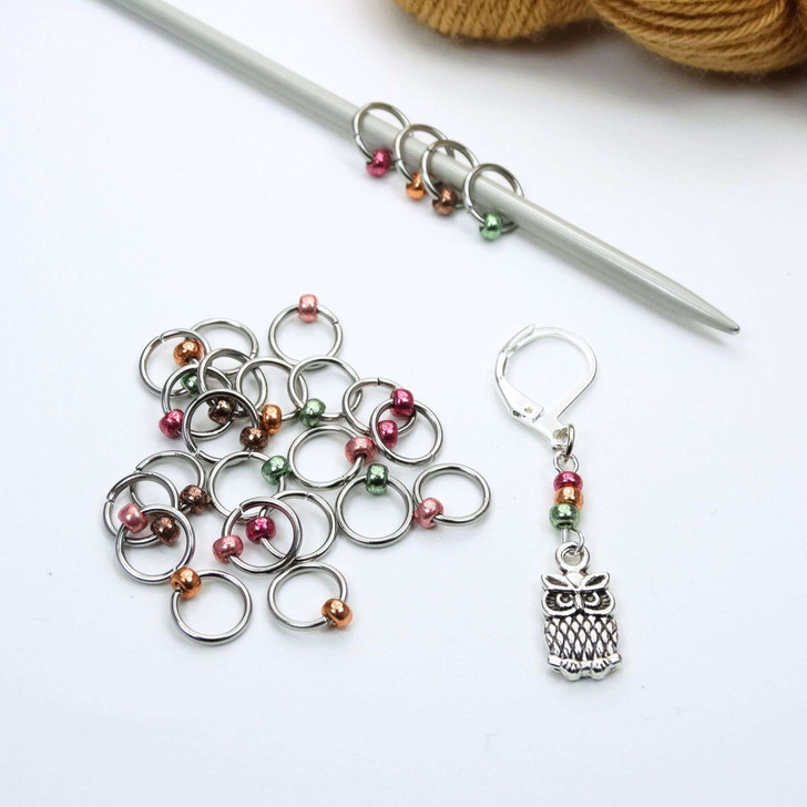 NEW! 25 Jewel Ring Minimal Stitch Markers and Owl Progress Stitch Marker for Knitting x 21 (Tiny Bead)