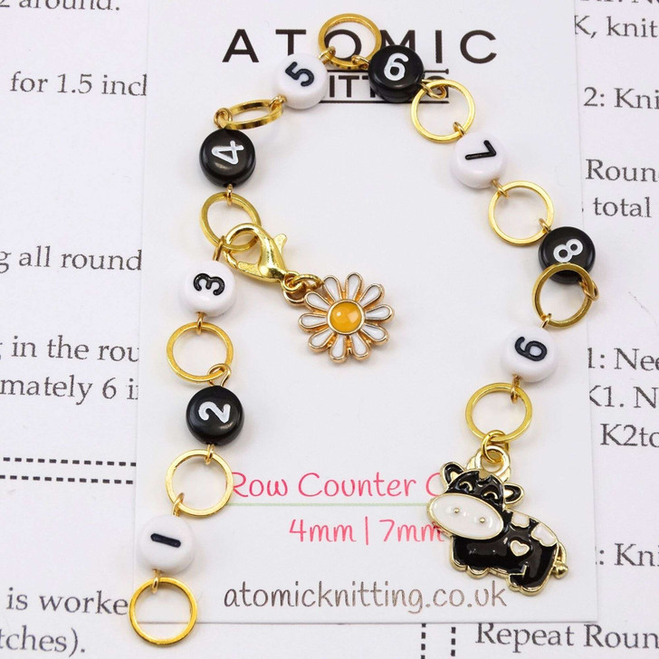 New! Row Counter - Monochrome Cow & Daisy 99 Row Counter Chain for Knitting- SIZE 4mm OR 7mm | Atomic Knitting