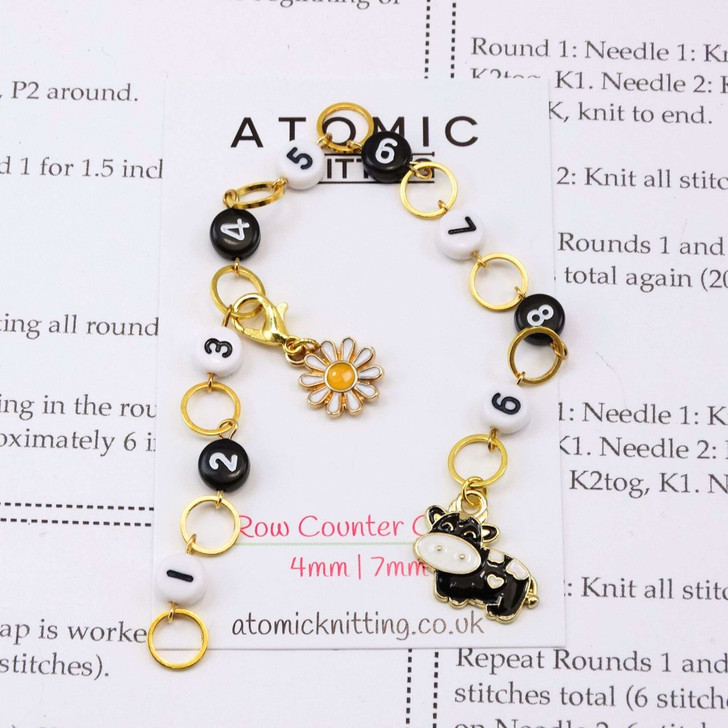 New! Row Counter - Monochrome Cow & Daisy 99 Row Counter Chain for Knitting- SIZE 4mm OR 7mm | Atomic Knitting