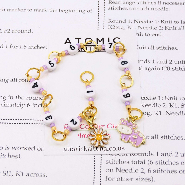 New! Row Counter - Lilac Cow & Daisy 99 Row Counter Chain for Knitting- SIZE 4mm OR 7mm | Atomic Knitting