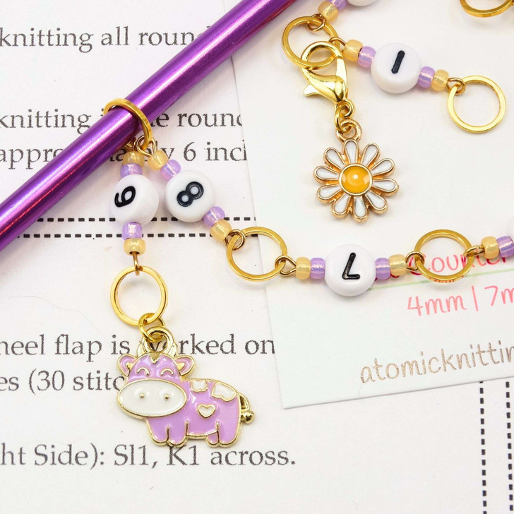 New! Row Counter - Lilac Cow & Daisy 99 Row Counter Chain for Knitting- SIZE 4mm OR 7mm | Atomic Knitting