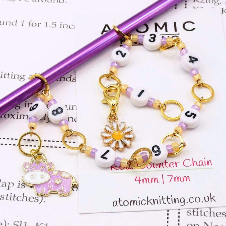New! Row Counter - Lilac Cow & Daisy 99 Row Counter Chain for Knitting- SIZE 4mm OR 7mm | Atomic Knitting