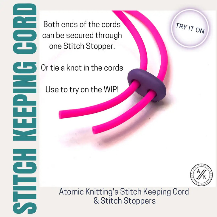 Stitch Keeper Holder Cords & 4 Knitting Stitch Stoppers for needles up to ~ 4mm | CHOOSE COLOUR | Atomic Knitting