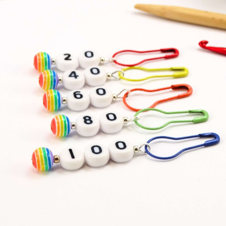 Limited Edition - Rainbow Cast On Numbered Counting Knitting Stitch Markers Set of 5 (20-100)