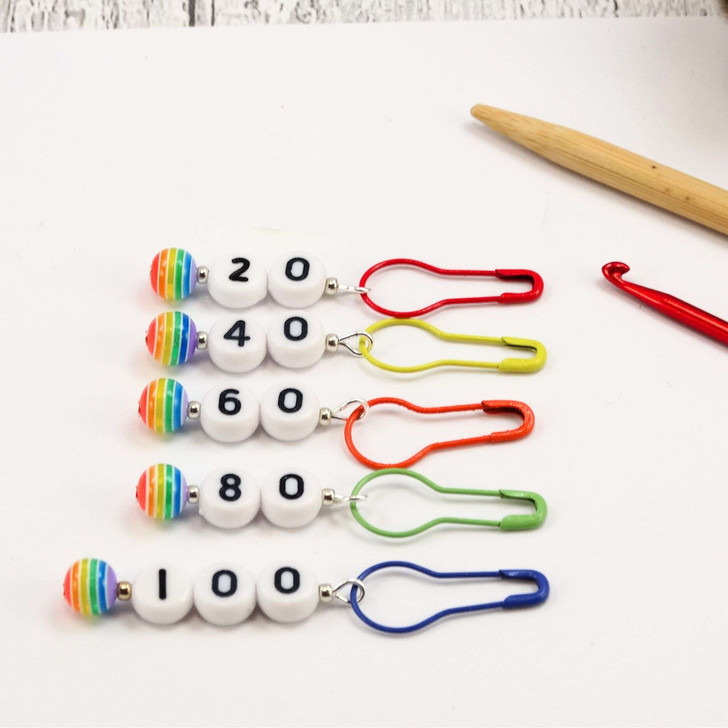 Limited Edition - Rainbow Cast On Numbered Counting Knitting Stitch Markers Set of 5 (20-100)