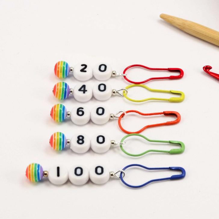 Limited Edition - Rainbow Cast On Numbered Counting Knitting Stitch Markers Set of 5 (20-100)