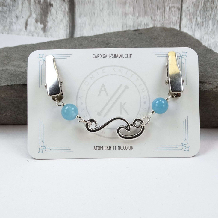 New! Blue Quartz & Silver Wave Beaded Cardigan Clip Sweater Fastener