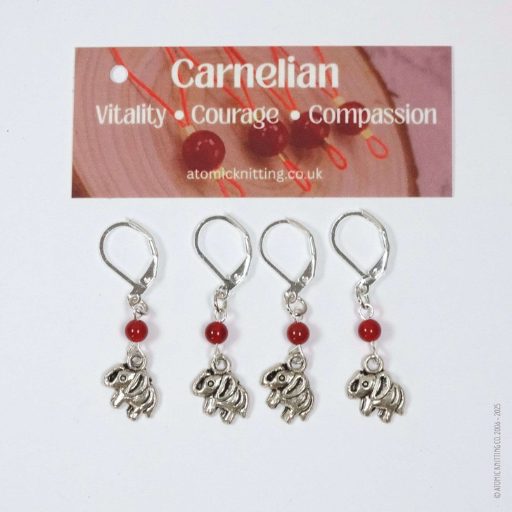 New! Red Carnelian Gemstone & Silver Elephant Stitch Markers Set of 4 | Vitality, Courage, Compassion