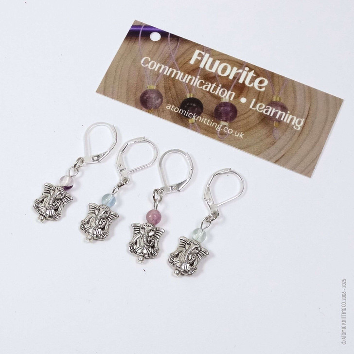New! Fluorite Gemstone & Silver Elephant Stitch Markers Set of 4 | Communication, Learning