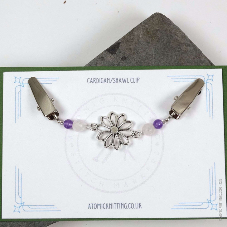 New! Rose Quartz & Amethyst Gemstone Silver Flower Beaded Cardigan Clip | Sweater Fastener
