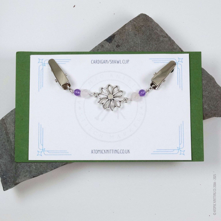 New! Rose Quartz & Amethyst Gemstone Silver Flower Beaded Cardigan Clip | Sweater Fastener