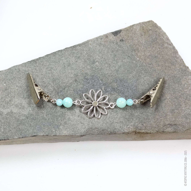 New! Green Amazonite Gemstone Silver Flower Beaded Cardigan Clip | Sweater Fastener