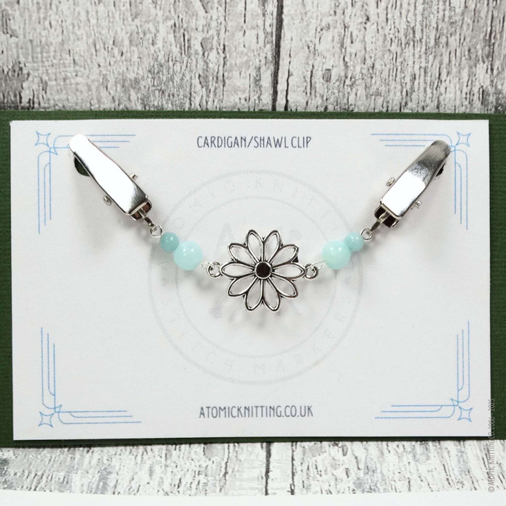 New! Green Amazonite Gemstone Silver Flower Beaded Cardigan Clip | Sweater Fastener