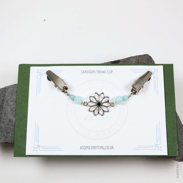 New! Green Amazonite Gemstone Silver Flower Beaded Cardigan Clip | Sweater Fastener