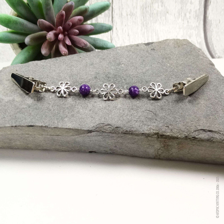 New! Purple Lepidolite Gemstone Silver Daisy Beaded Cardigan Clip | Sweater Fastener